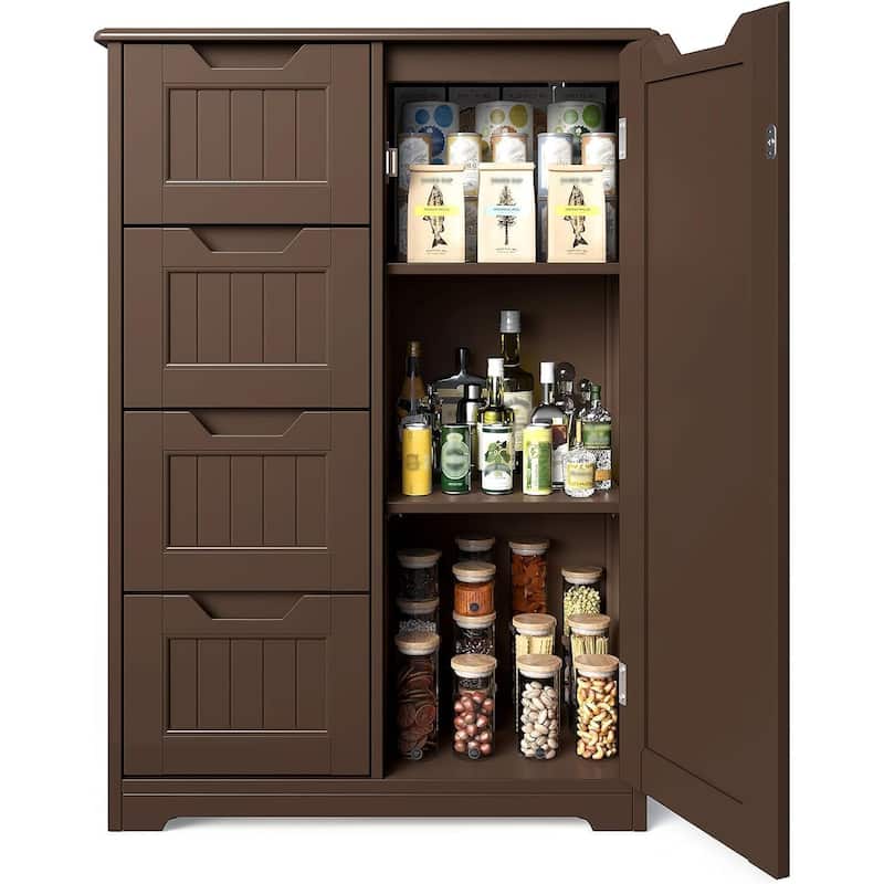 Bathroom Floor Storage Cabinet, Free-Standing Floor Storage Cabinet with 4 Draws and Adjustable Shelf