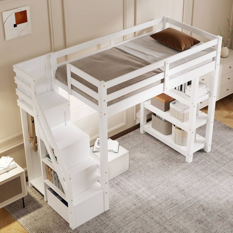 Full/Twin Size Loft Bed with Shelves & Storage Staircase - Small Wardrobe & White LED Light