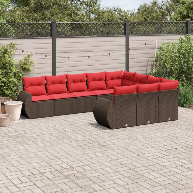 vidaXL 10 Piece Patio Sofa Set with Cushions Brown Poly Rattan - 24.4 x 24.4 x 27.2 (W x D x H)