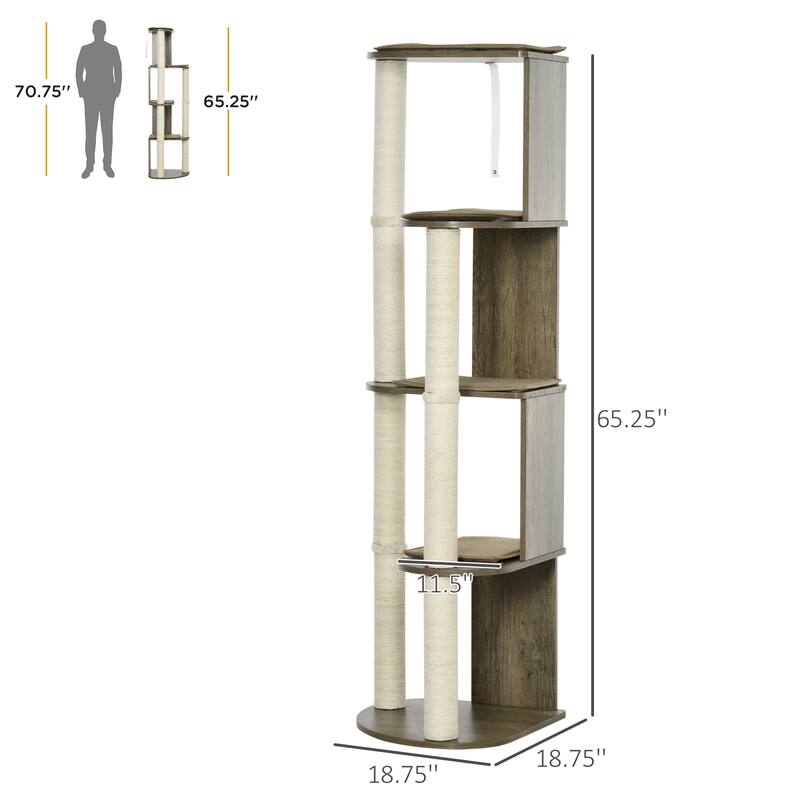 65" Corner Modern Cat Tree Tall for Climbing, Large Multilevel Cat Tower with Scratching Posts - Cream White