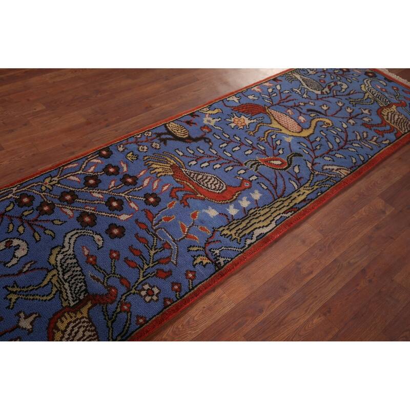 Animals Blue Design Ziegler Indian Runner Rug Handmade Wool Carpet - 2'6"x 7'11"
