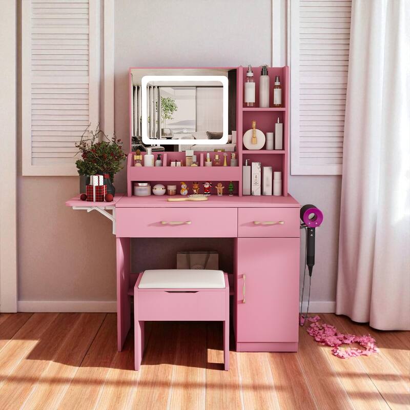 Vanity Desk with LED Mirror, Power Outlet, 3 Drawers, 7 Shelves and Storage Stool, Makeup Table for Women - Pink