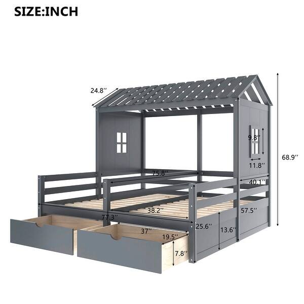 dimension image slide 0 of 2, Twin Size House Platform Beds with Two Drawers Shared Beds, Combination Of 2 Side By Side Twin Size Beds