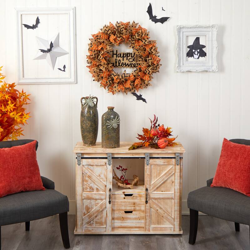 Burlap Ribbon "Happy Halloween" Artificial Wreath, 30-Inch, Unlit