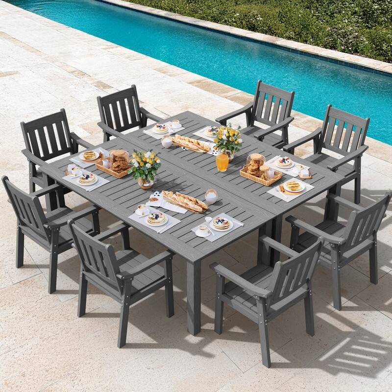 WINSOON 10-Piece HIPS All Weather Outdoor Patio Dining Sets with Umbrella Hole& Aluminum Frame,2-Table 8-Chairs - Grey