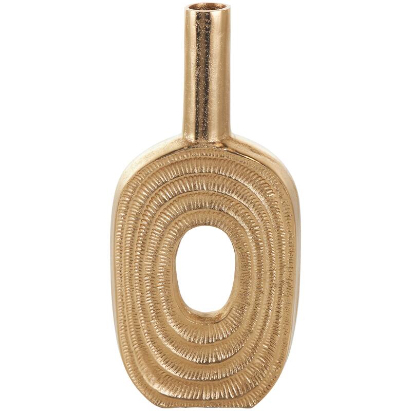 Gold Aluminum Metal Circular Geometric Vase with Linear Etchings
