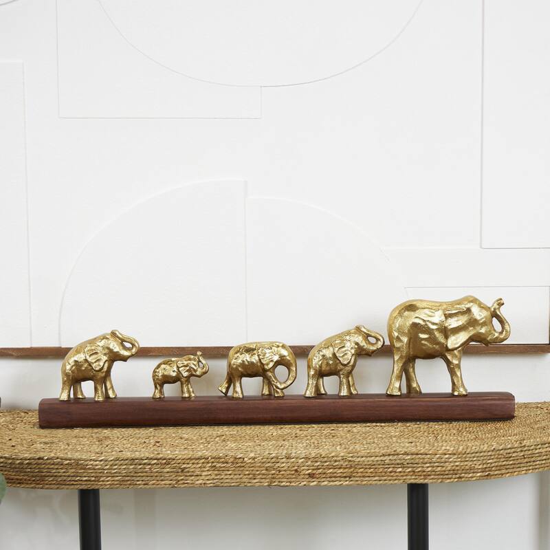 Aluminum Metal Elephant Decorative Sculpture with Brown Wooden Base - Gold - Roche River Decor
