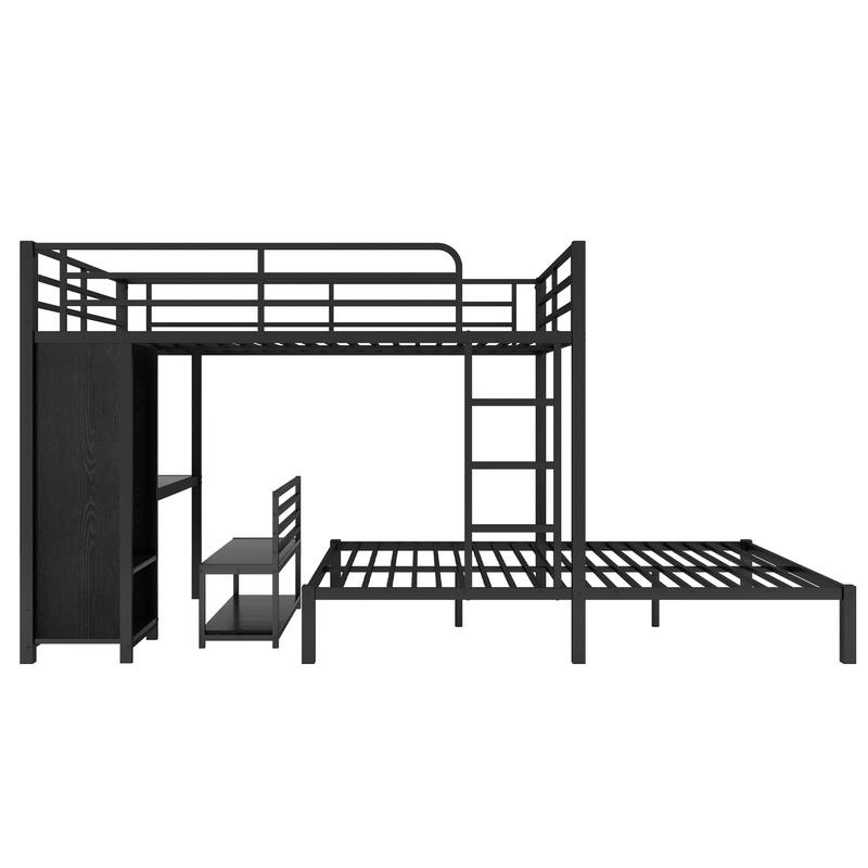 Queen Size Metal Bunk Bed with Wardrobe, Desk & Storage Chairs, Space-saving Design