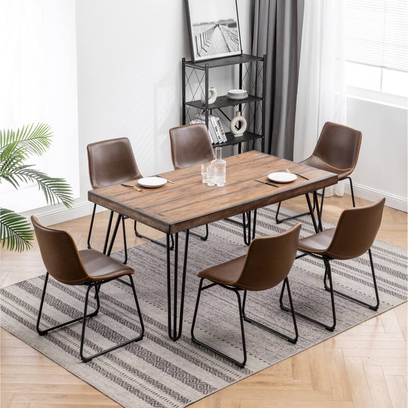 7-Piece Dining Set with Hairpin Table & 6 Sled-Base Leather Chairs - Brown