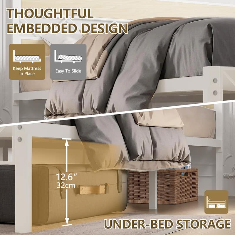 VECELO Vintage Metal Platform Bed Frame with Wood Headboard, Storage Bed, Noise-Free, No Box Spring Needed, Twin/Full/Queen Size