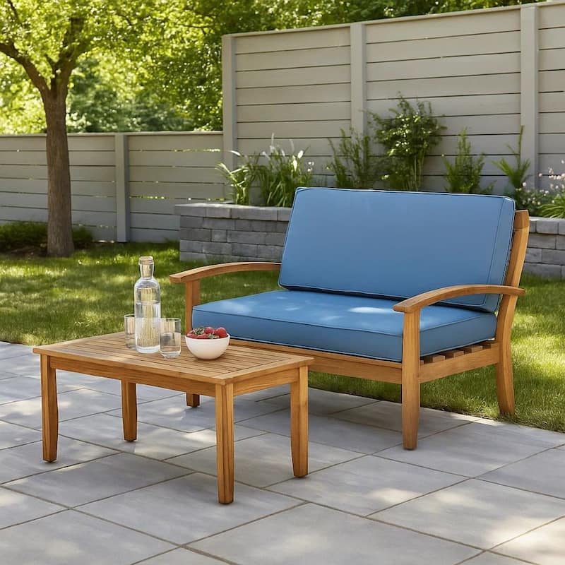 Outdoor Loveseat and Coffee Table Set, Blue Cushions, Brown Acacia Wood
