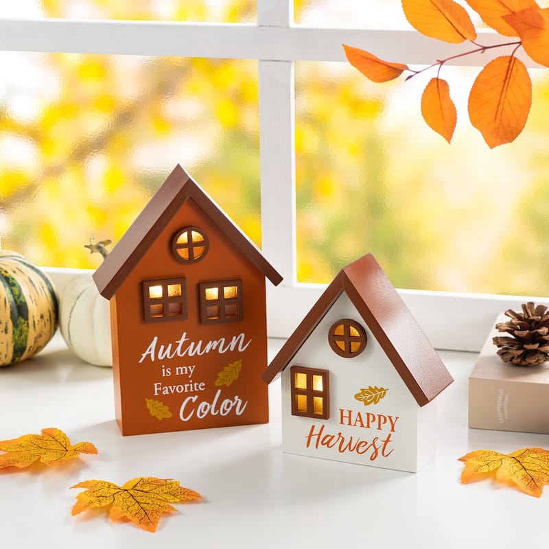 Glitzhome 8"H Set of 2 Lighted Fall Wooden House-shaped Table Decor