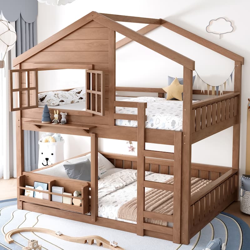 Fairytale House Bunk Bed Kids Loft Bed Frame with Bookshelf and Shelf