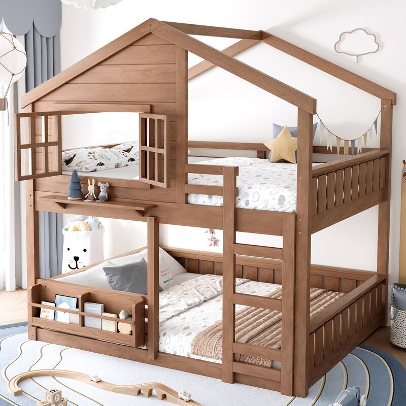 Full/Twin Bunk Bed with Bookshelf, House Design Loft Bed with Safety Fencing, High-Quality Kids Bed Frame