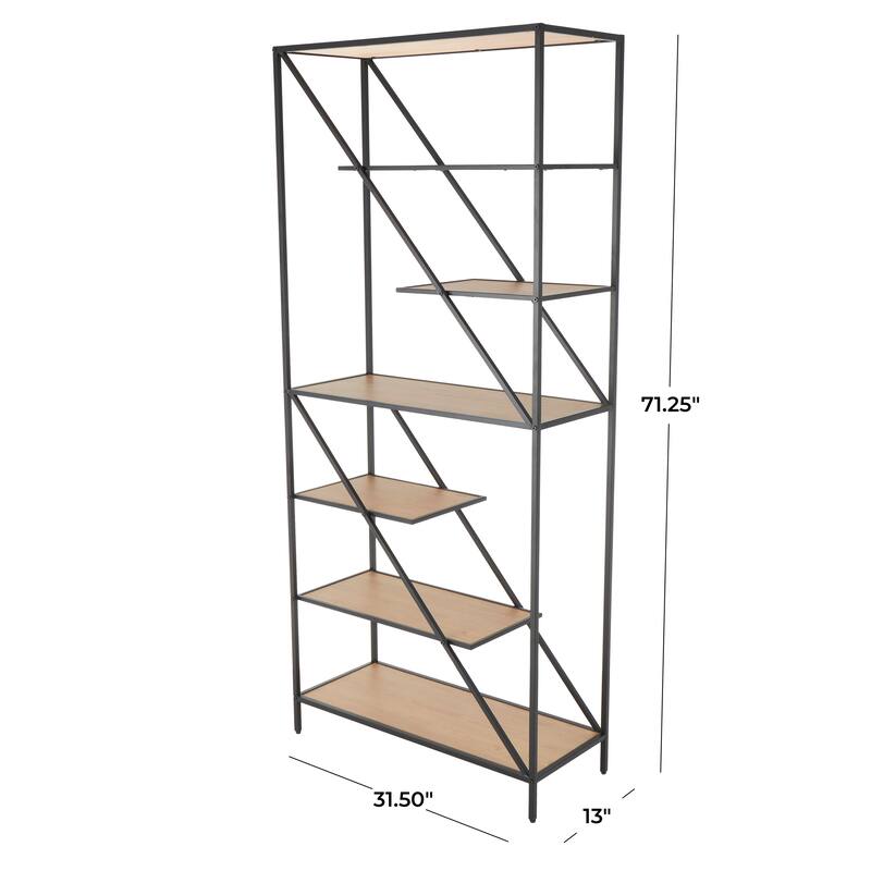 Brown Wooden Diagonal Angled 6 Shelf Shelving Unit with Black Metal Frame