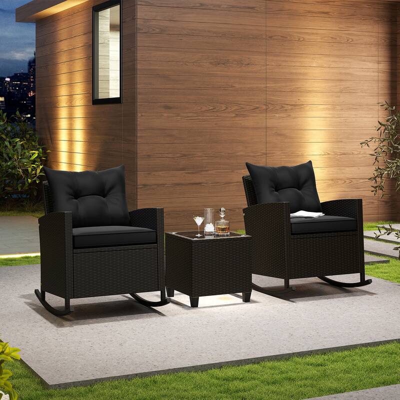 Gymax Set of 3 Wicker Rocking Set w/ Tempered Glass Table Patio
