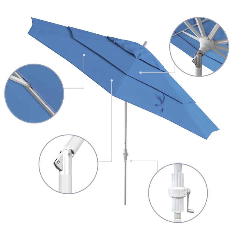 California Umbrella 11' Golden State Series Patio Umbrella White Aluminum Frame Crank Lift Collar Tilt Olefin Royal Blue Fabric