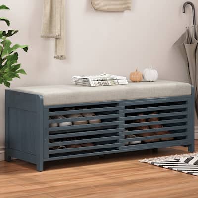 Distressed Shutter Storage Bench with Acacia Veneer for Retro Charm for Living Room, Entryway (Navy)