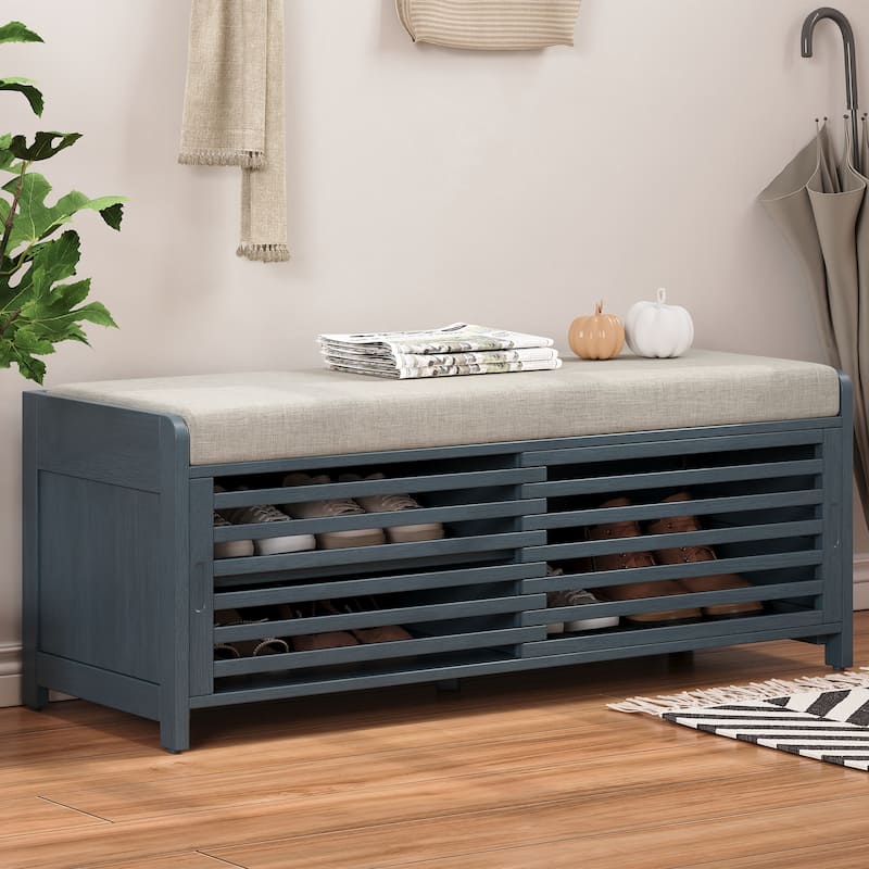 Shoe Storage Bench with Padded Seat Cushion and 2 Sliding Distressed Shutter Doors, Entryway Shoes Bench Storage Ottoman - Navy