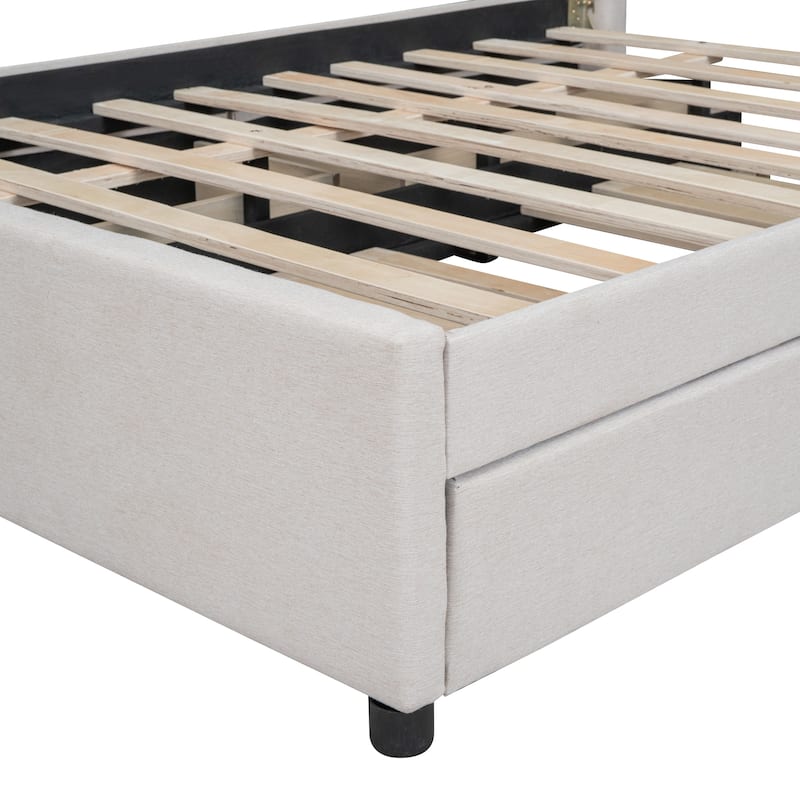 Full Size Upholstered Platform Bed with 2 Drawers and 1 Twin Size Trundle, Classic Headboard Design, Beige