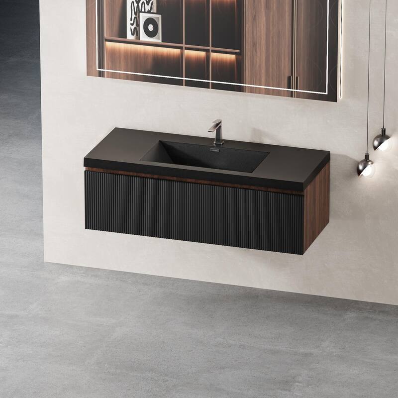 GDFStudio - Sebastian Floating Bathroom Vanity with Quartz Sand Basin and Fluted Storage Cabinet