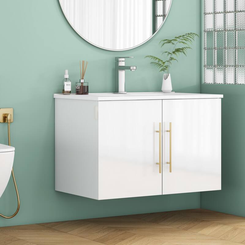30-Inch Gloss Wall-Mounted Bathroom Vanity with Double Doors, Soft-Close Hangers,Long Gold Metal Handle