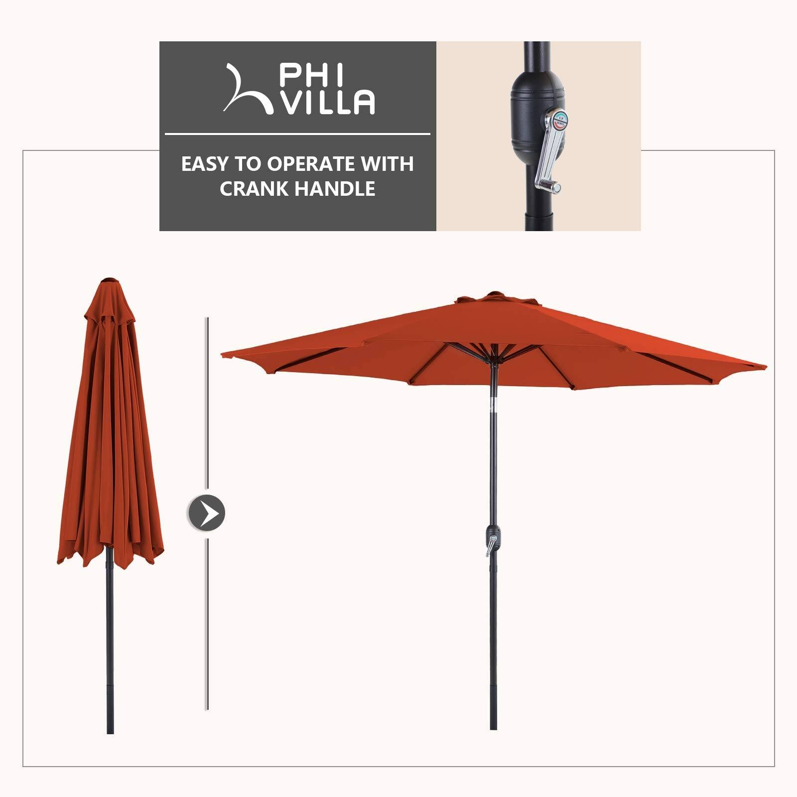 PHI VILLA 9ft Patio Umbrella Outdoor Market Table Umbrellas with 8 Ribs and Push Button Tilt