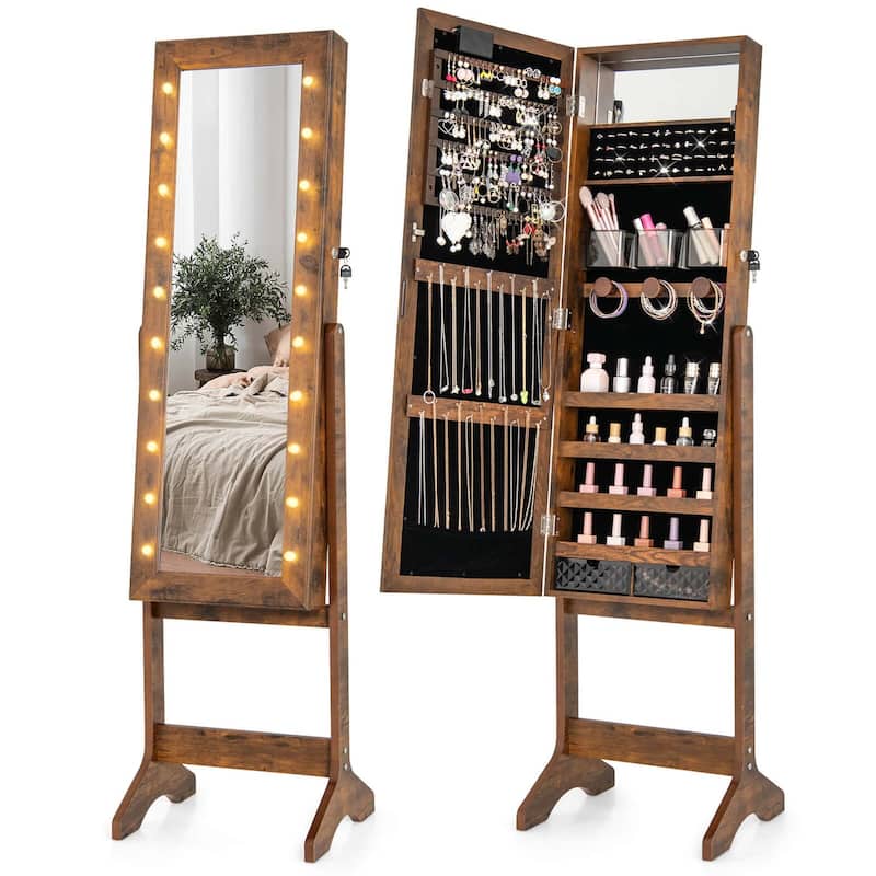 Costway LED Mirror Jewelry Cabinet with 20 LED Lights Full-Length - See Details - Brown