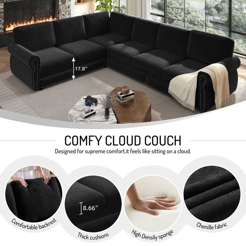 L-Shaped Sectional Sofa with Pull-Out Bed, Oversize Convertible Sleeper Sofa with Rolled Arms, Chenille Upholstery
