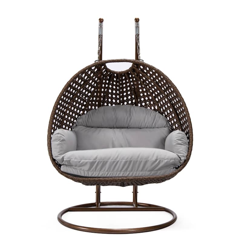 LeisureMod Mendoza Dark Brown 2 Seater Wicker Patio Hanging Double Swing Chair for Patio Porch Backyard Garden - 53"