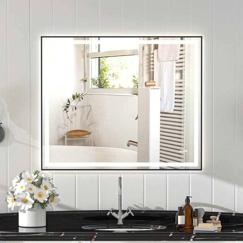 Black-Silver Tempered Glass LED Vanity Mirror with Dual Lights & Anti-Fog - 48” W x 40” H