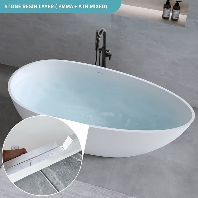 Solid Surface Freestanding Soaking Bathtub with Center Drain and Pop-up Drain, Modern Matte White Tubs with Overflow