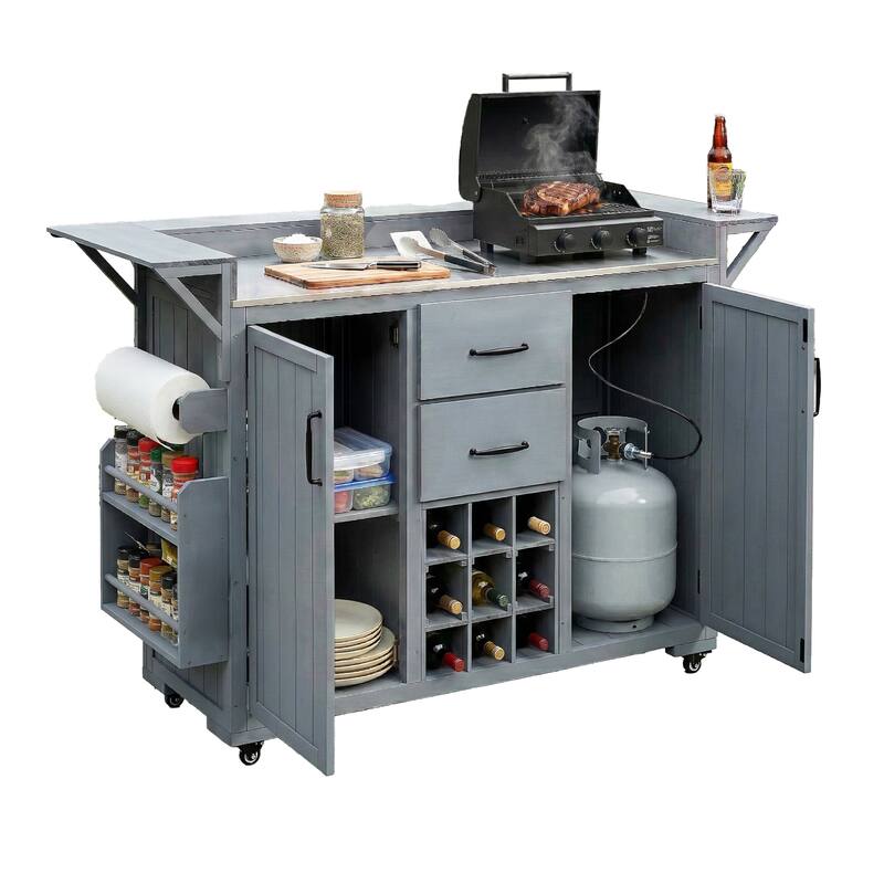 Modern 60.2" W Outdoor BBQ Kitchen Island with Wheels, Stainless Steel Top, Drawers, Spice Rack & Wine Rack
