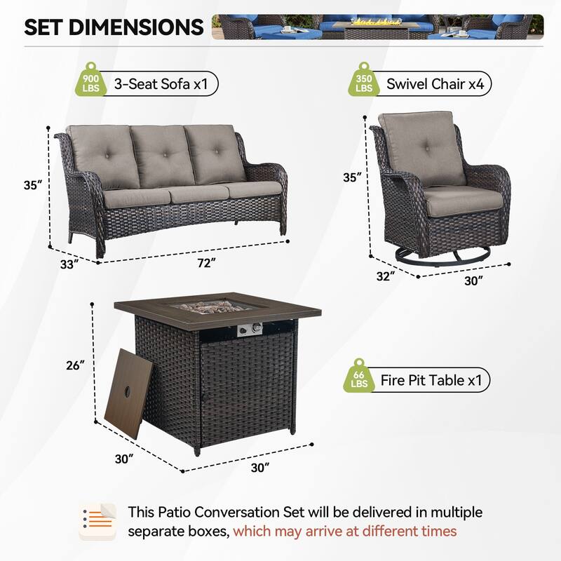 Gymojoy 6-Piece Outdoor Sofa & Chair Set with 4 Swivel Chairs, Fire Pit Table