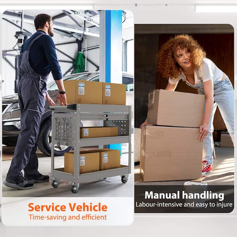 3-Tier Rolling Tool Cart on Wheels for Mechanics with Utility Drawer