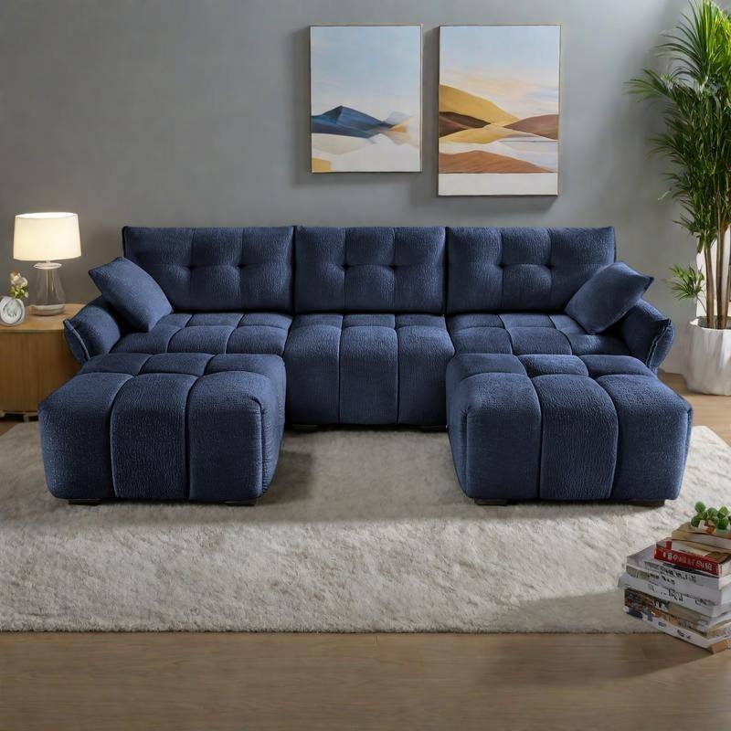 110.2" Chenille 3-Seater Sofa Set with Ottoman and Throw Pillows, Solid Wood Frame - Blue