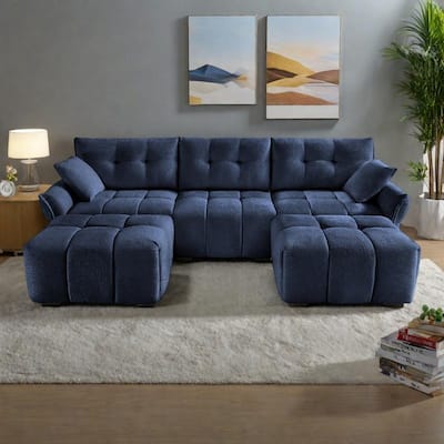 110.2" Chenille 3-Seater Sofa Set with Ottoman and Throw Pillows, Solid Wood Frame
