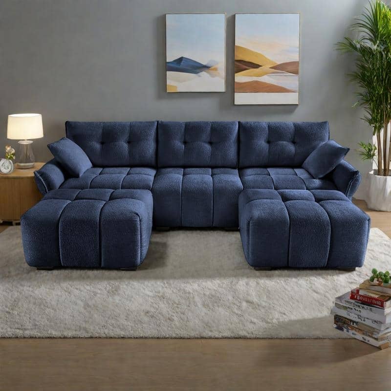 110.2" Chenille 3-Seater Sofa Set with Ottoman and Throw Pillows, Solid Wood Frame