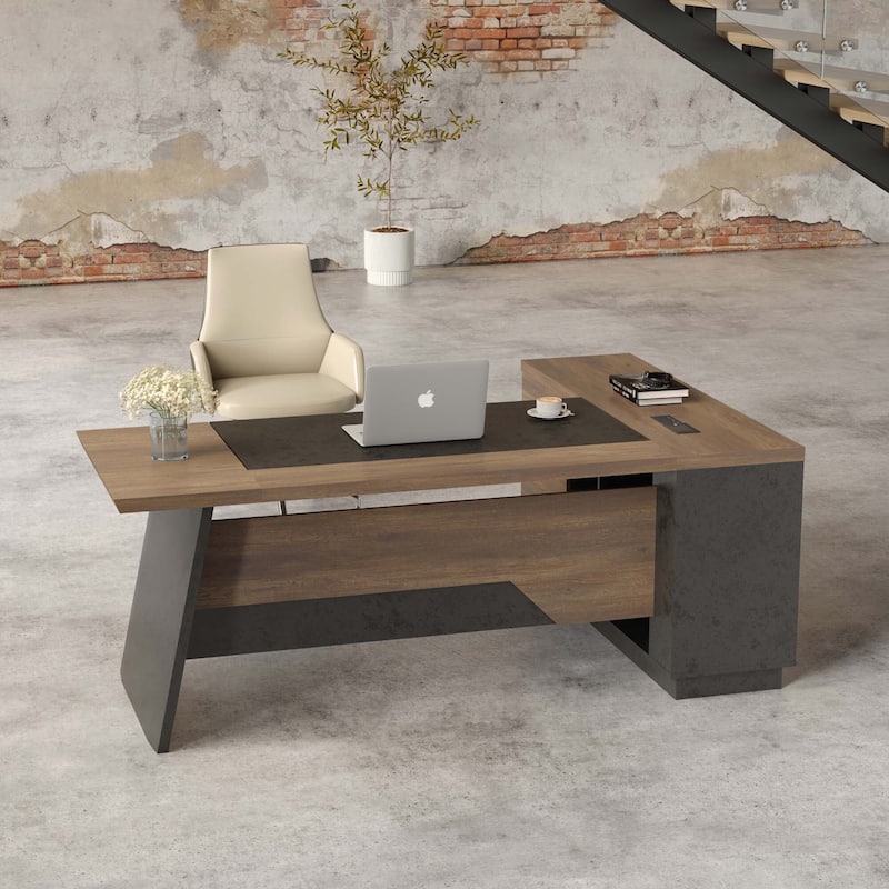 WESOME 78in Modern L-Shaped Executive Desk with Drawer 2-Tier Storage Shelves Cabinets