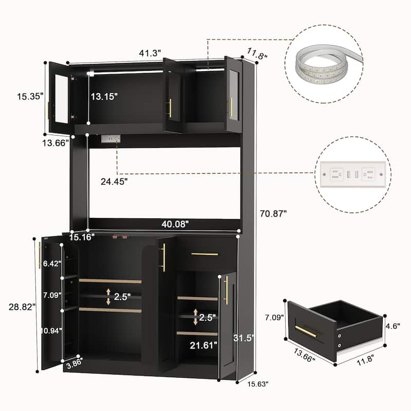 71'' Kitchen Pantry Cabinet with Hutch, Drawer & LED Light, Microwave Stand with Power Outlet for Dining Room or Kitchen