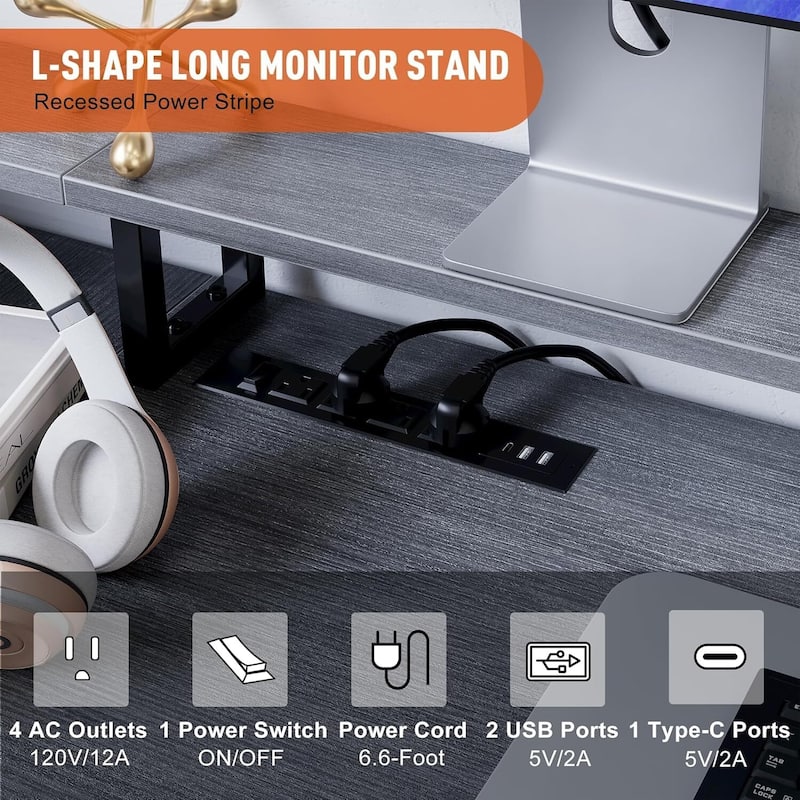 76" L Reversible Shaped Computer Desk with Power Outlet & LED Strip