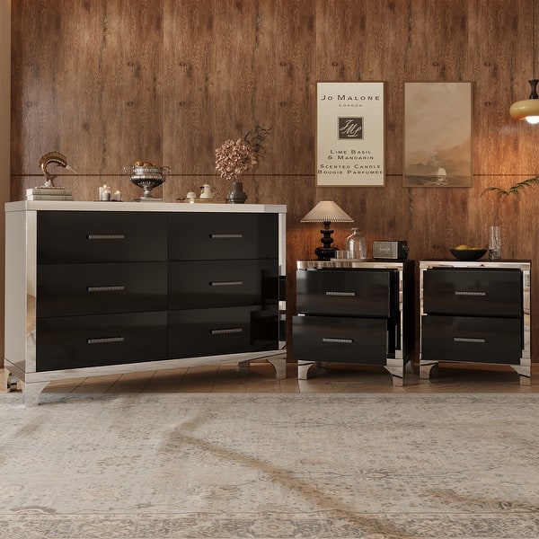 3-Piece Dresser and Nightstand Set with Metal Handles and Mirror Detailing, Elegant and Subtle