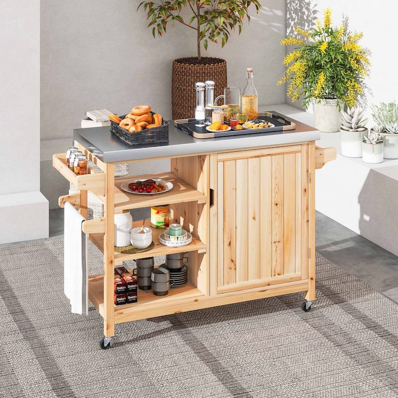 Moasis Outdoor Kitchen Island Rolling Trolley Cart with Stainless Steel Tabletop - Brown