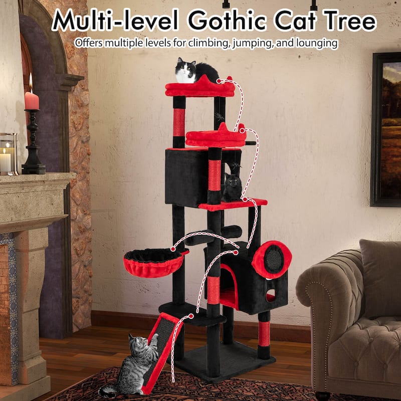 Costway Gothic Cat Tree for Indoor Cats with 2 Cat Condos & 2 Plush - as pic shows - See Details