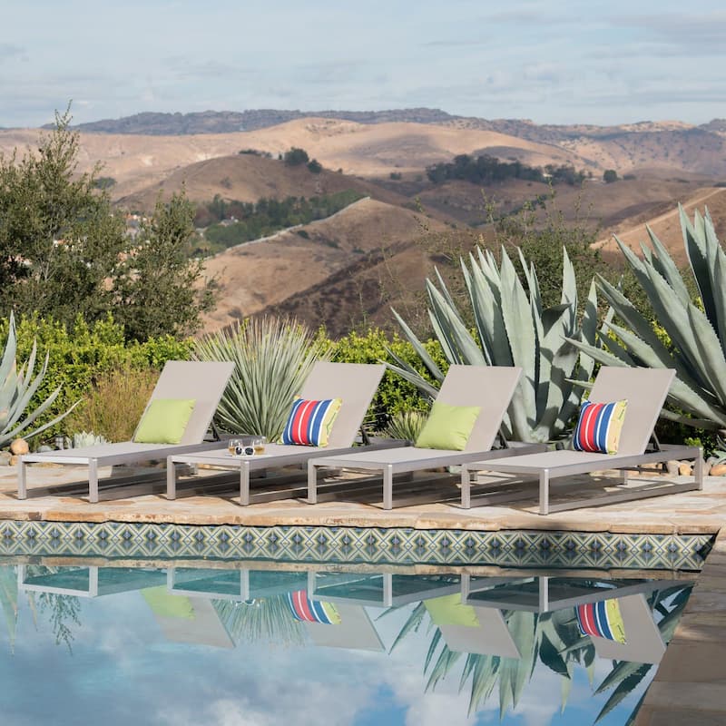 Metten Outdoor Mesh Chaise Lounge (Set of 4) by Christopher Knight Home - Gray+Silver