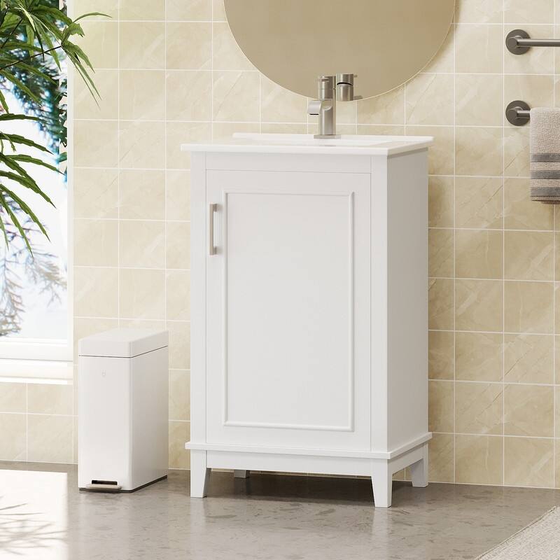 20 Inch Modern Small Bathroom Vanity Cabinet with Ceramic Basin - White