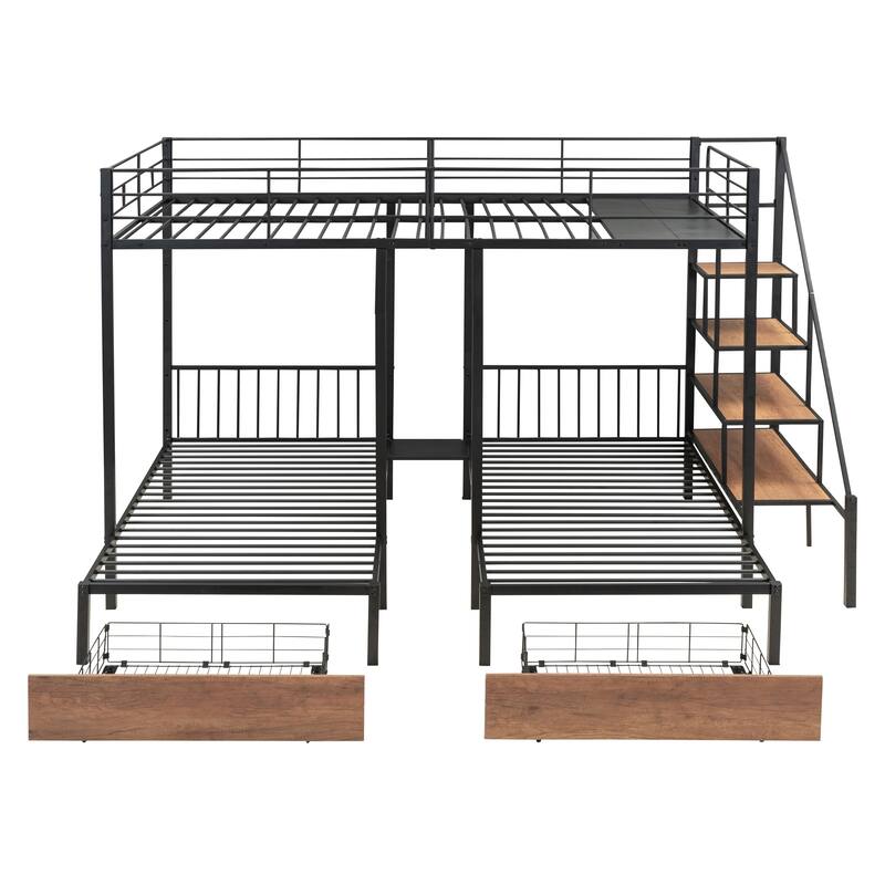 Full Over Twin-Twin Triple Bunk Bed with Drawers and Staircase, Black