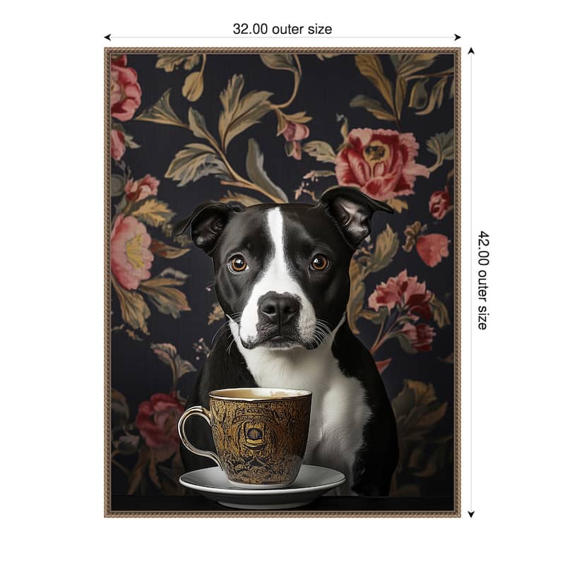 The Refined Staffy Cafe Moment by Mowzu Framed Canvas Wall Art - 32 x 42 in