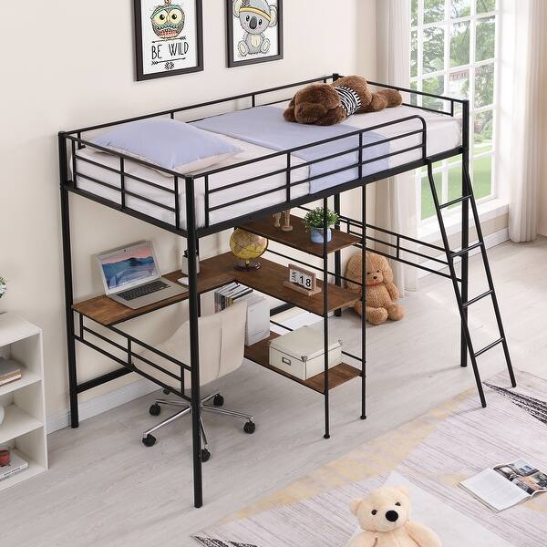 slide 2 of 14, Black Twin Low Loft Bed with Ladder and Safety Fence for Children Black