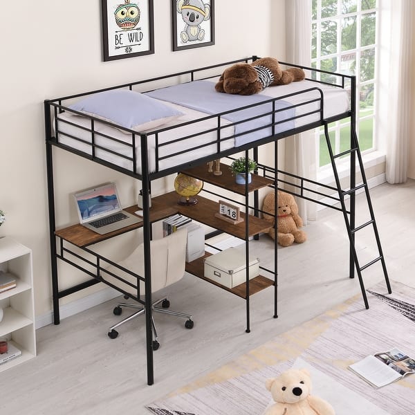 slide 2 of 29, Twin Size Metal Loft Bed and Built-in Desk and Shelves Black